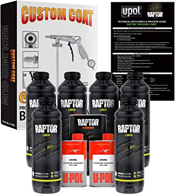 U-Pol Raptor Tintable Urethane Spray-On Truck Bed Liner Kit and Custom Coat Spray Gun with Regulator, 6 Quart Kit