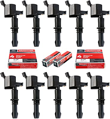 MAS 10 Straight Boot Ignition Coils DG511 & Motorcraft Spark Plugs SP546 Compatible with Ford Lincoln Mercury V8 V10 4.6l 5.4l 6.8l 3L3E12A366CA 5C1584 C1541 FD-508 UF-537 Set of 10